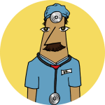A mustached physician in a yellow circle