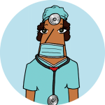A drawing of a physician in scrubs and mask, on a blue background