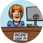 Drawing of a receptionist sitting at a desk reading patient sign in, on a blue circle