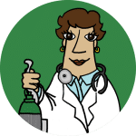 A physician illustration holding an oxygen tank and smiling. Standing with a green background behind her.