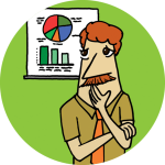A drawing of a man looking concerningly at a chart, with a lime background