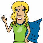 A drawing of a blonde woman waving while wearing a cape.
