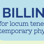"Billing for locum tenens and temporary physicians" with a dark green bird to the left.