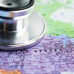 US map with stethoscope signifying best states for doctors